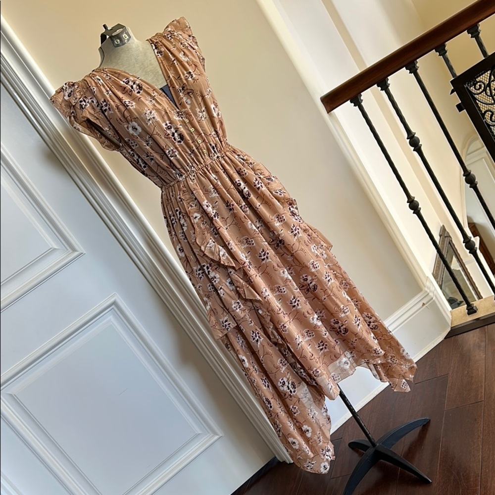 ULLA JOHNSON Peachy/Blush Floral Silk Dress with Flutter Sleeves